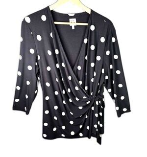 Anne Klein Faux Wrap Top Black White Polka Dot XXL Stretch Knit 3/4 Sleeve